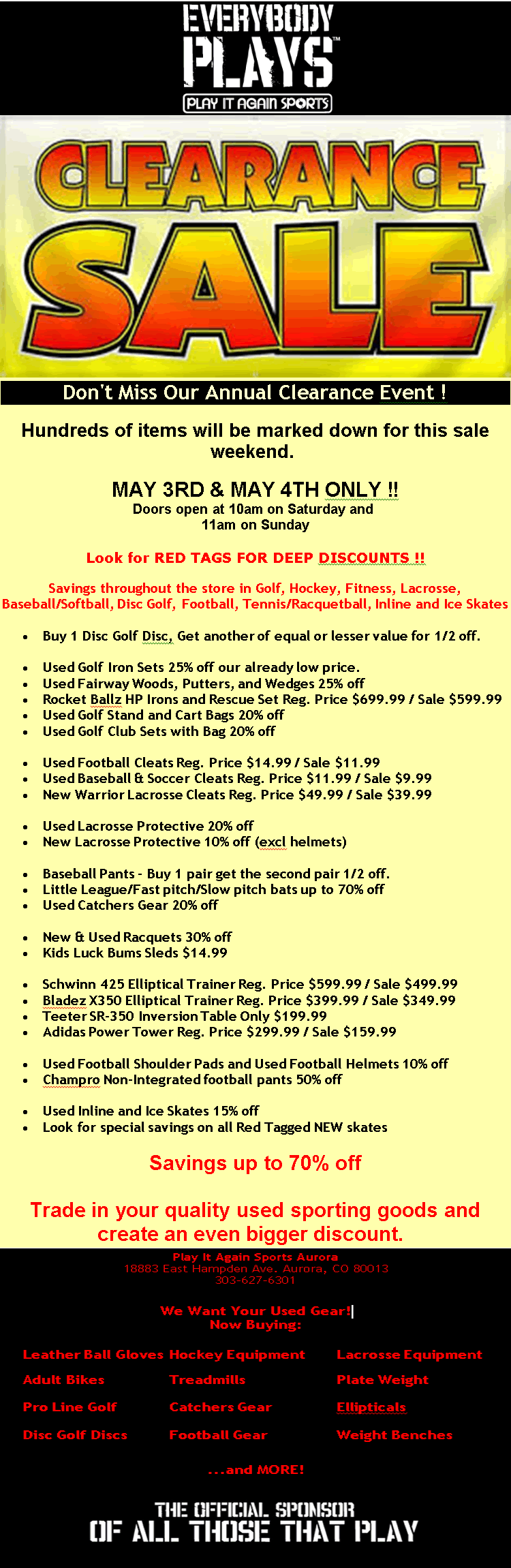 Play It Again Sports Annual Clearance Sale